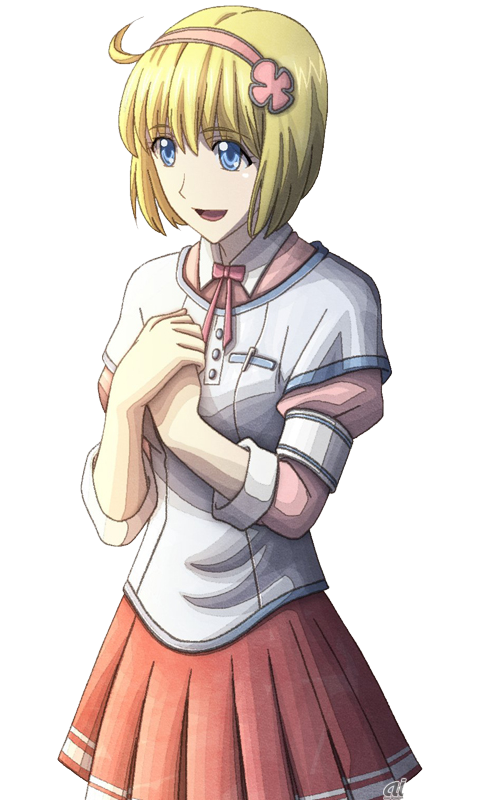 blonde_hair blue_eyes cosette_coalhearth hairband hands_together official_art open_mouth pleated_skirt red_skirt senjou_no_valkyria senjou_no_valkyria_2 short_hair skirt solo transparent_background watermark