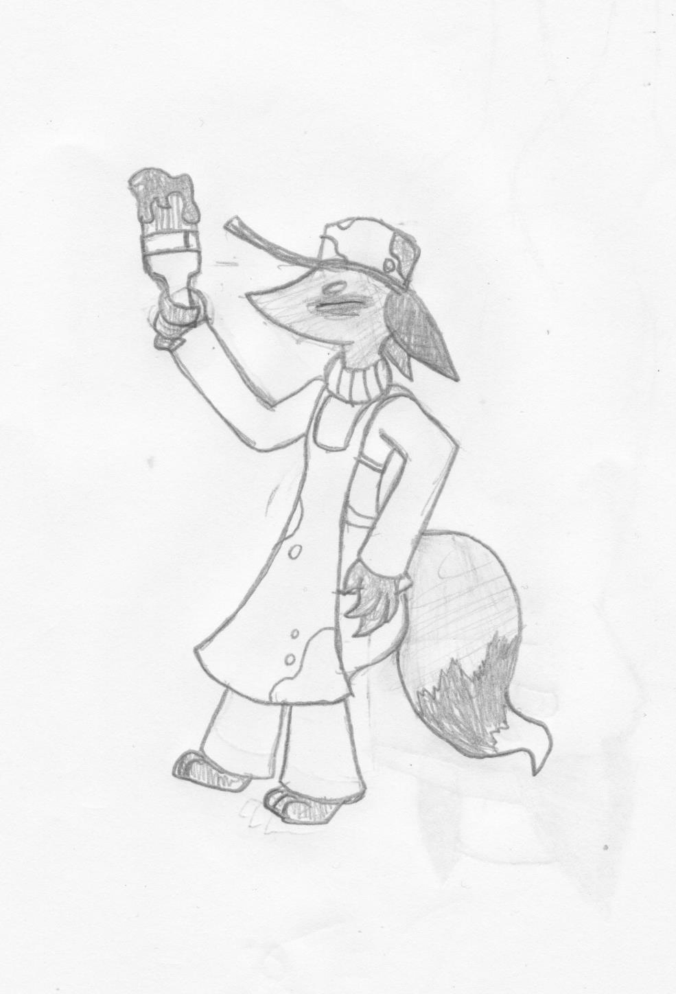 2016 anthro ask-jigsaw black_and_white canine clothed clothing disney fan_character female fox grey_fox hat mammal monochrome paintbrush patch_houston simple_background traditional_media_(artwork) zootopia