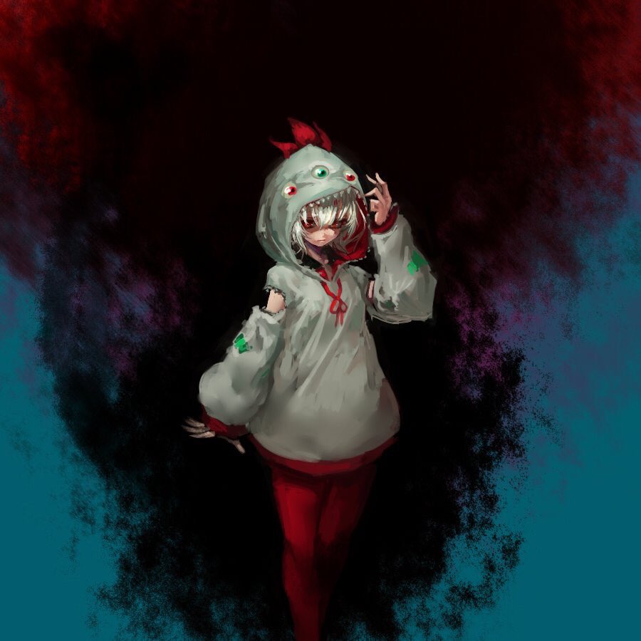 1girl bangs closed_mouth copyright_request hand_up hood hood_up hoodie horror_(theme) inishie_kumo looking_at_viewer neck_ribbon pantyhose red_eyes red_legwear red_neckwear red_ribbon ribbon solo standing torn_clothes torn_sleeves white_hair