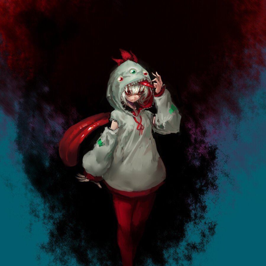 1girl bangs closed_mouth copyright_request extra_tongue hand_up hood hood_up hoodie horror_(theme) inishie_kumo looking_at_viewer neck_ribbon pantyhose red_eyes red_legwear red_neckwear red_ribbon ribbon solo standing torn_clothes torn_sleeves white_hair
