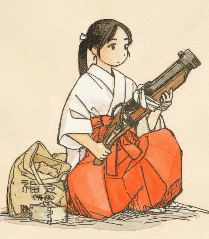 akai_sashimi antique_firearm arquebus brown_hair firearm gun hakama japanese_clothes mamemaki masu miko musket original setsubun simple_background solo weapon