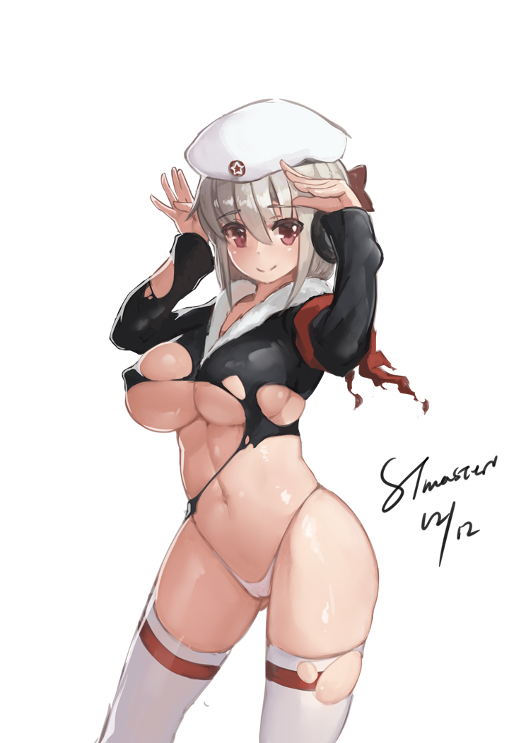 armband arms_up artist_name beret black_shirt bottomless bow breasts cameltoe closed_mouth covered_nipples cowboy_shot dated eyebrows_visible_through_hair fur_trim g-string grey_hair hair_between_eyes hat headphones large_breasts looking_at_viewer navel panties red_bow red_eyes shirt skindentation smile solo standing stmaster text_focus thighhighs thong torn_clothes torn_legwear transparent_background underwear verniy_(zhan_jian_shao_nyu) white_hat white_legwear white_panties zhan_jian_shao_nyu