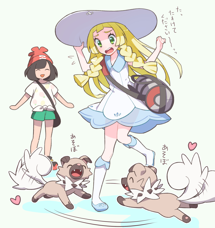 :d ^_^ bag bangs beanie black_hair blonde_hair blue_footwear blue_ribbon blunt_bangs braid closed_eyes collared_dress dress duffel_bag floral_print flying_sweatdrops gen_7_pokemon green_eyes hat hat_ribbon kneehighs kurochiroko lillie_(pokemon) long_hair mizuki_(pokemon) multiple_girls open_mouth pokemon pokemon_(creature) pokemon_(game) pokemon_sm red_hat ribbon rockruff shirt shoes short_hair short_shorts shorts sleeveless sleeveless_dress smile sneakers sun_hat sundress swept_bangs t-shirt tail_wagging text_focus tied_shirt translated twin_braids white_dress white_hat white_legwear wide_sleeves