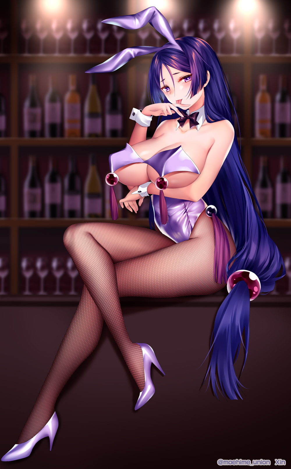 1girl animal_ears arm_under_breasts bangs bar beads blurry blurry_background blush bow bowtie breast_hold breasts bunny_ears bunny_girl bunnysuit champagne_bottle cup detached_collar drinking_glass fate/grand_order fate_(series) finger_licking fishnet_pantyhose fishnets hair_between_eyes high_heels highres large_breasts legs legs_crossed leotard licking long_hair looking_at_viewer low-tied_long_hair minamoto_no_raikou_(fate/grand_order) obiwan pantyhose parted_bangs purple_eyes purple_hair purple_legwear purple_leotard sitting smile solo tassel thighs tongue tongue_out underboob very_long_hair wrist_cuffs