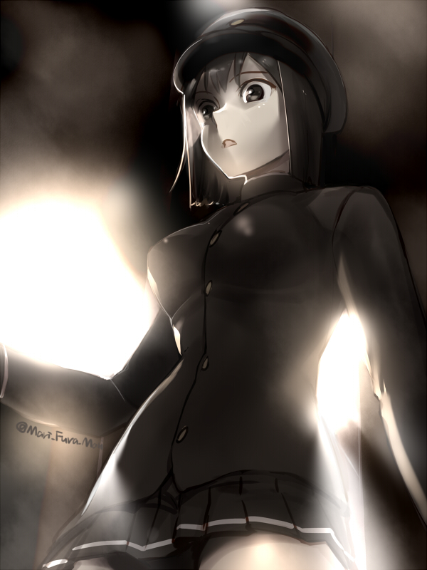 akitsu_maru_(kantai_collection) backlighting black_eyes black_hair breasts from_below hat kantai_collection large_breasts military military_hat military_uniform miniskirt open_mouth pale_skin peaked_cap pleated_skirt primary_stage skirt solo twitter_username uniform