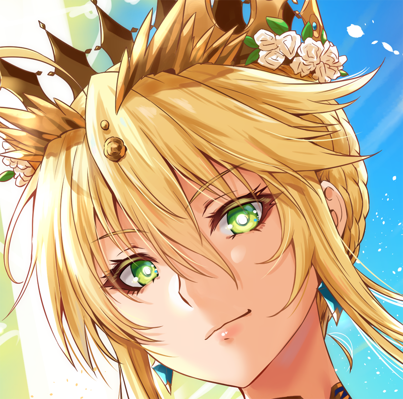 1girl artoria_pendragon_(all) artoria_pendragon_(lancer) blonde_hair blue_eyes blue_sky braid bright_pupils closed_mouth commentary_request crown day earrings eyebrows_visible_through_hair fate/grand_order fate_(series) flower hair_between_eyes hair_bun hair_flower hair_ornament jewelry looking_at_viewer outdoors pink_lips portrait sakiyamama short_hair sky smile solo white_flower