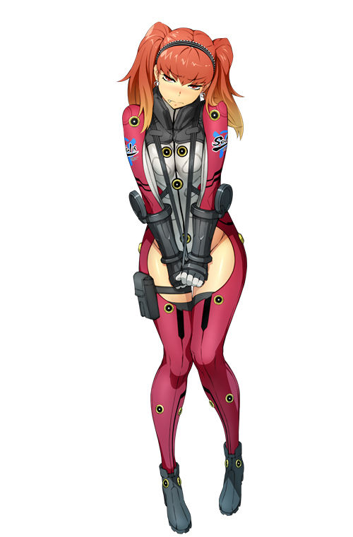 bertha_bernstein blonde_hair bodysuit fang full_body gloves gradient_hair hairband hands_together holster long_hair looking_at_viewer multicolored_hair official_art red_hair solo strap_pull super_robot_wars super_robot_wars_x-omega thigh_holster twintails v_arms watanabe_wataru