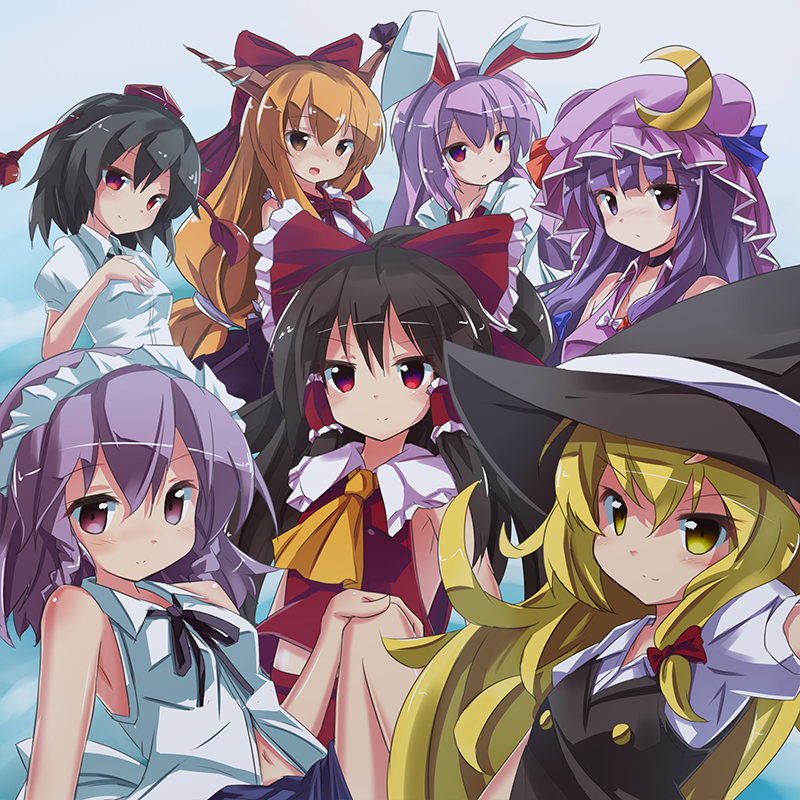 alternate_costume animal_ears armpits black_hair blonde_hair blue_background blue_eyes blue_hair blush bow braid breasts brown_eyes bunny_ears choker cravat crescent crescent_moon_pin double_bun expressionless flat_chest hair_bow hair_ribbon hair_tubes hakurei_reimu hand_on_own_chest hand_on_own_knee hat head_tilt horn_ribbon horns ibuki_suika izayoi_sakuya kirisame_marisa knee_up long_hair looking_at_viewer low-tied_long_hair maid_headdress mob_cap multiple_girls navel open_mouth outstretched_arm patchouli_knowledge puffy_short_sleeves puffy_sleeves purple_eyes purple_hair red_eyes reisen_udongein_inaba ribbon ryogo shameimaru_aya shirt short_hair short_sleeves simple_background sleeveless sleeveless_shirt small_breasts smile tokin_hat touhou tress_ribbon twin_braids vest witch_hat yellow_eyes