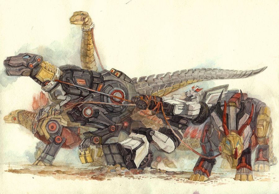 alien apatosaurus autobot blue_eyes collar cybertronian dinobots dinosaur grimlock humanoid humor leash long_neck machine male open_mouth prowl_(transformer) robot sauropod simple_background size_difference slag_(dinobot) sludge_(dinobot) snarl_(dinobot) stegosaurus teeth theropod traditional_media_(artwork) transformers triceratops tyrannosaurus_rex watercolor_(artwork) wheels