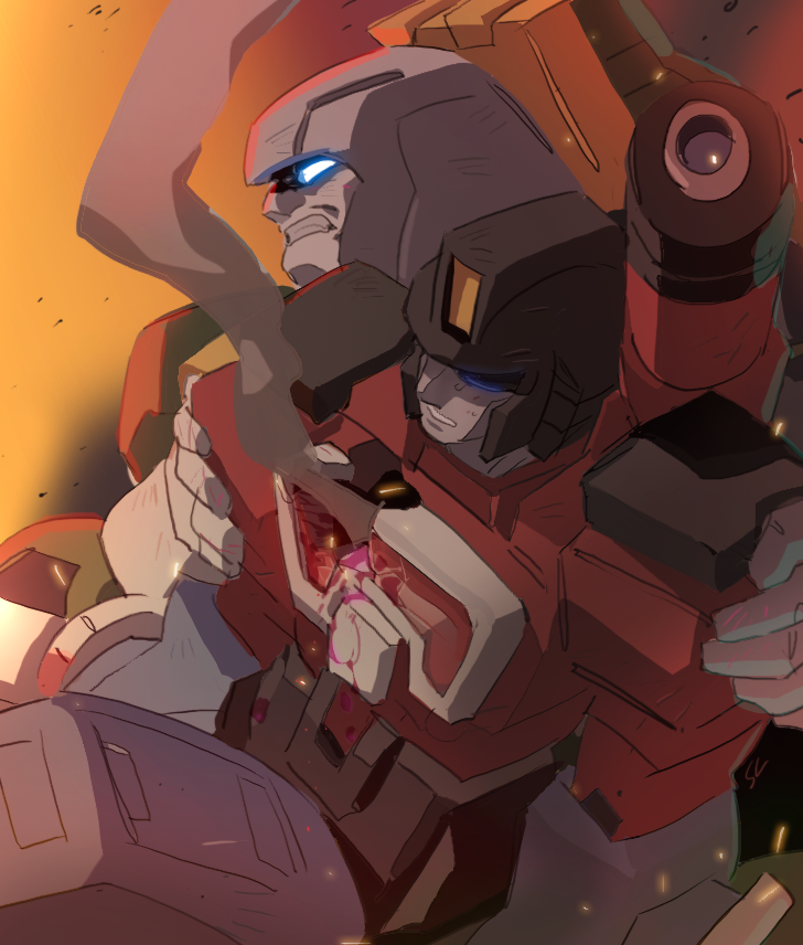 alien angry blood blue_eyes brawn_(transformer) cybertronian digital_media_(artwork) duo eyes_closed holding_(disambiguation) humanoid machine male not_furry open_mouth perceptor robot sandlake size_difference smoke teeth transformers wounded