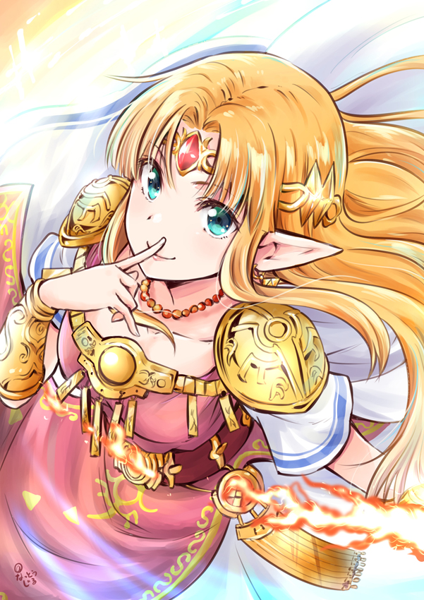 1girl blonde_hair blue_eyes closed_mouth collarbone dress earrings eyebrows_visible_through_hair finger_to_mouth fire gem hair_intakes index_finger_raised jewelry long_hair looking_at_viewer nattoujiru necklace nintendo pointy_ears princess princess_zelda short_sleeves shoulder_pads smile solo the_legend_of_zelda the_legend_of_zelda:_a_link_between_worlds tiara triforce