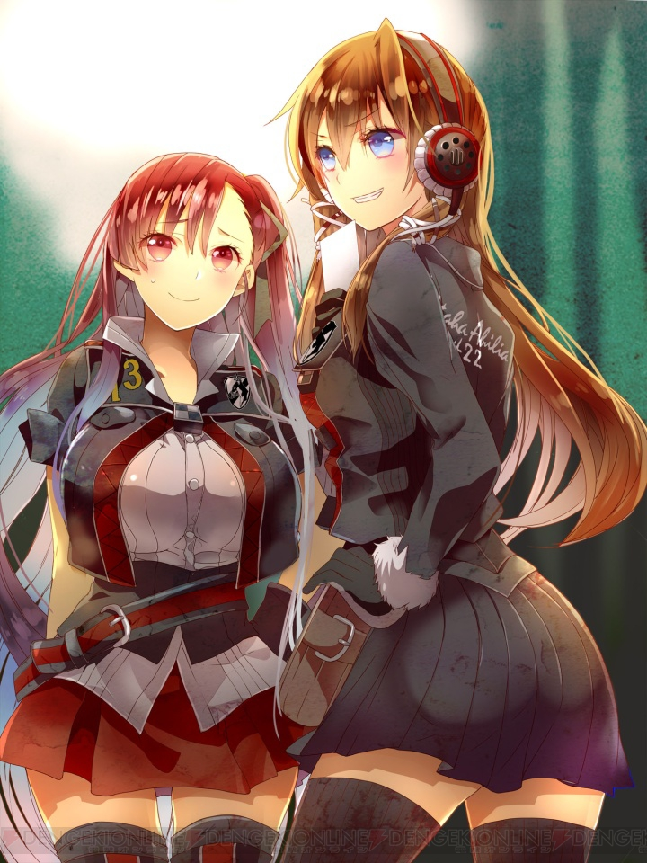 blue_skirt breasts brown_hair carisa_contzen corset framed_breasts grin hand_on_hip large_breasts long_hair military military_uniform multicolored_hair multiple_girls pleated_skirt red_hair red_skirt riela_marcellis senjou_no_valkyria senjou_no_valkyria_3 silver_hair skirt smile thighhighs two-tone_hair underbust uniform watanabe_yuuna water
