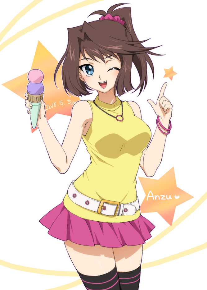 aqua_eyes bad_id bad_pixiv_id bare_arms bare_shoulders belt belt_buckle black_legwear blunt_ends breasts brown_hair buckle character_name chiyo_(no3baki) dated double_horizontal_stripe food hair_intakes hands_up heart holding holding_food ice_cream_cone jewelry large_breasts legs_together loose_belt mazaki_anzu necklace open_mouth pastel_colors pink_skirt pointing pointing_up shirt short_hair skirt sleeveless sleeveless_shirt smile solo standing star sweets text_focus thighhighs w_arms white_belt yellow_shirt yuu-gi-ou yuu-gi-ou_duel_monsters zettai_ryouiki