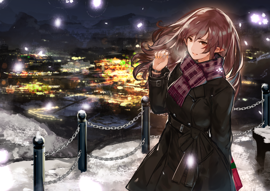 brown_eyes brown_hair city coat elf long_hair mountain original pointy_ears scarf snow snowflakes snowing solo winter_clothes winter_coat yaoya_musuko