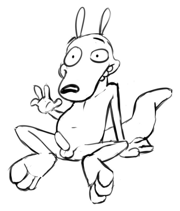anthro balls compfive erection feet looking_at_viewer macropod male mammal marsupial monochrome navel nude penis rocko rocko's_modern_life simple_background sitting sketch smile solo spreading wallaby waving