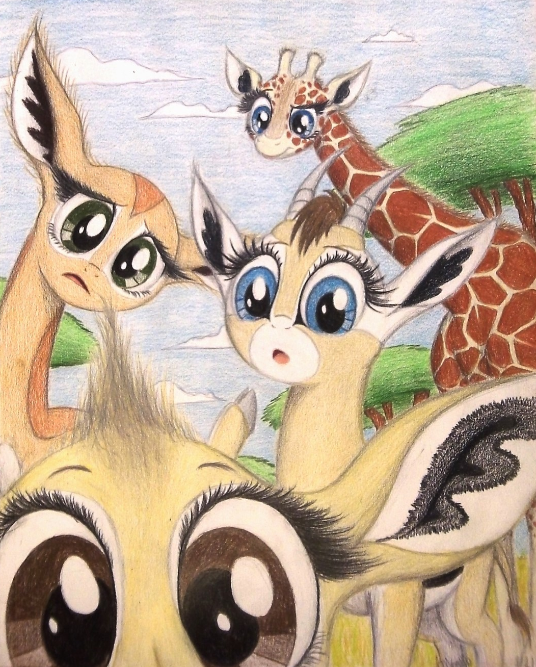 2016 antelope big_eyes big_head black_fur blue_eyes bovid brown_eyes brown_fur brown_hair brown_mane brown_markings camera_view cautious cloud cloven_hooves colored_pencil_(artwork) countershade_legs countershade_torso countershading cub curious dik-dik eye_markings eyelashes facial_markings fan_character female feral forehead_markings foreshortening frown fur fur_tuft gazelle gerenuk giraffe giraffid grass grey_eyes grey_fur grey_hooves grey_horn group hair head_tilt head_tuft hi_res hidden_camera hooves horn humor kekere_iwariiri kirk's_dik-dik long_eyelashes long_legs long_neck looking_at_viewer mammal mane markings multicolored_fur muzzle_(marking) my_little_pony nature nuk_the_gerenuk open_frown open_mouth orange_fur orange_spots ossicones outside perspective quadruped raised_eyebrow raised_leg reticulated_giraffe salma_the_thomson's_gazelle savanna scared short_hair size_difference sky snout spots spotted_fur standing stare story story_in_description surprise tan_fur tan_horn thefriendlyelephant thomson's_gazelle toony traditional_media_(artwork) tree true_antelope tuft two_tone_fur unimpressed wary white_countershading white_fur white_markings wide_eyed worried young zeka_the_reticulated_giraffe