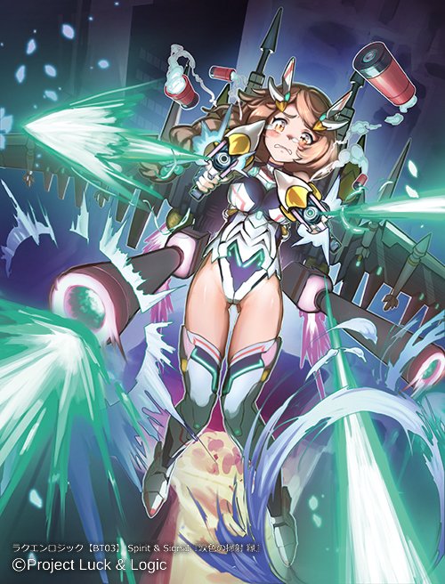 armor ass_visible_through_thighs bare_shoulders beam beam_cannon beam_gun blush boots braid brown_eyes brown_hair building casing_ejection clover clover_hair_ornament commentary_request copyright_name crying crying_with_eyes_open dual_wielding fingerless_gloves firing floating_hair flying four-leaf_clover four-leaf_clover_hair_ornament full_body gloves gun hair_ornament headgear highleg highleg_leotard holding holding_gun holding_weapon knees_together_feet_apart leotard long_hair looking_at_viewer luck_&amp;_logic mecha_musume mechanical_wings mizutsu nanahoshi_yukari neon_trim night official_art open_mouth outdoors raised_eyebrows shell_casing side_braid single_braid skin_tight sleeveless sleeveless_turtleneck solo tears thigh_boots thighhighs thrusters turtleneck watermark wavy_mouth weapon wings