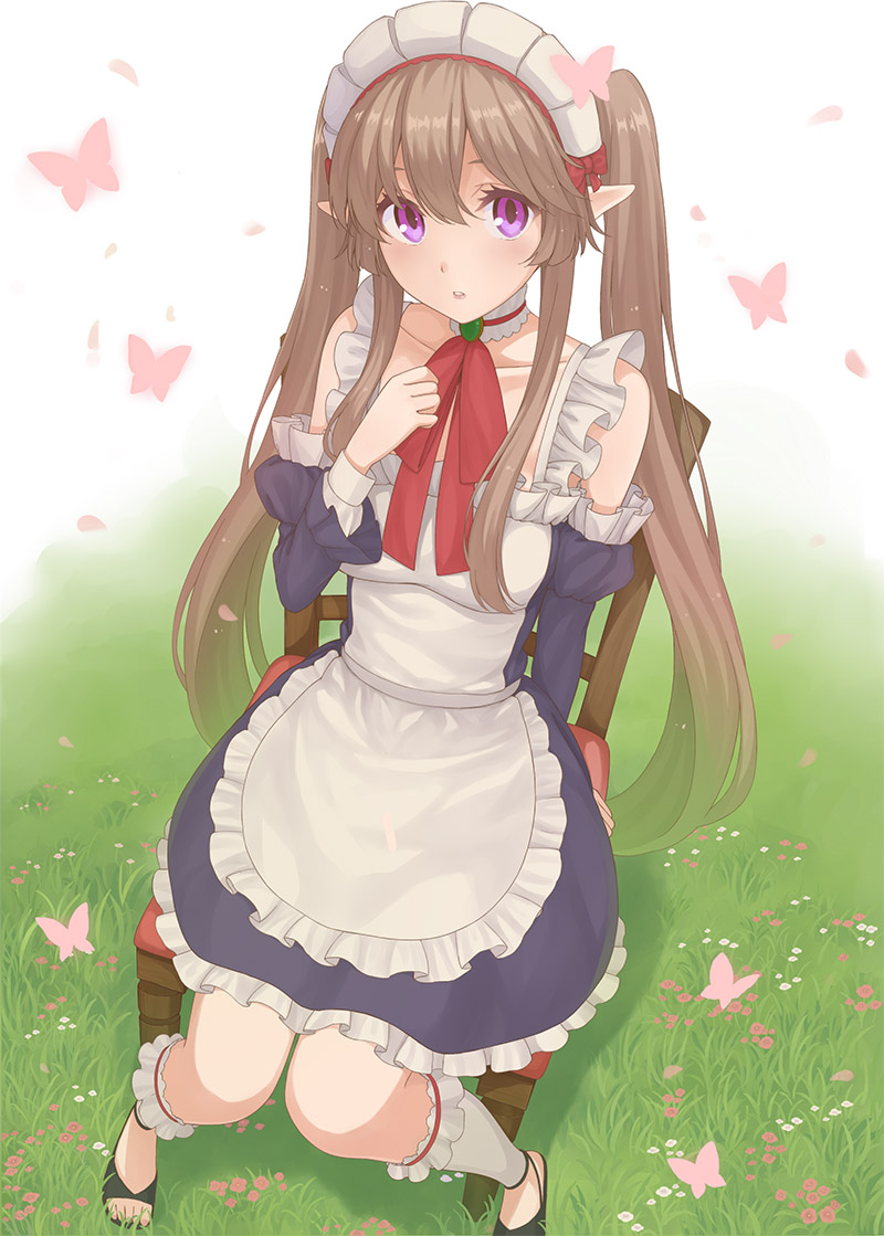 apron blush breasts brown_hair bug butterfly chair commentary day detached_sleeves dress elf frills grass insect long_hair looking_at_viewer maid maid_headdress medium_breasts myucel_foalan nananichi outbreak_company outdoors pointy_ears purple_eyes ribbon sitting solo twintails very_long_hair white_legwear