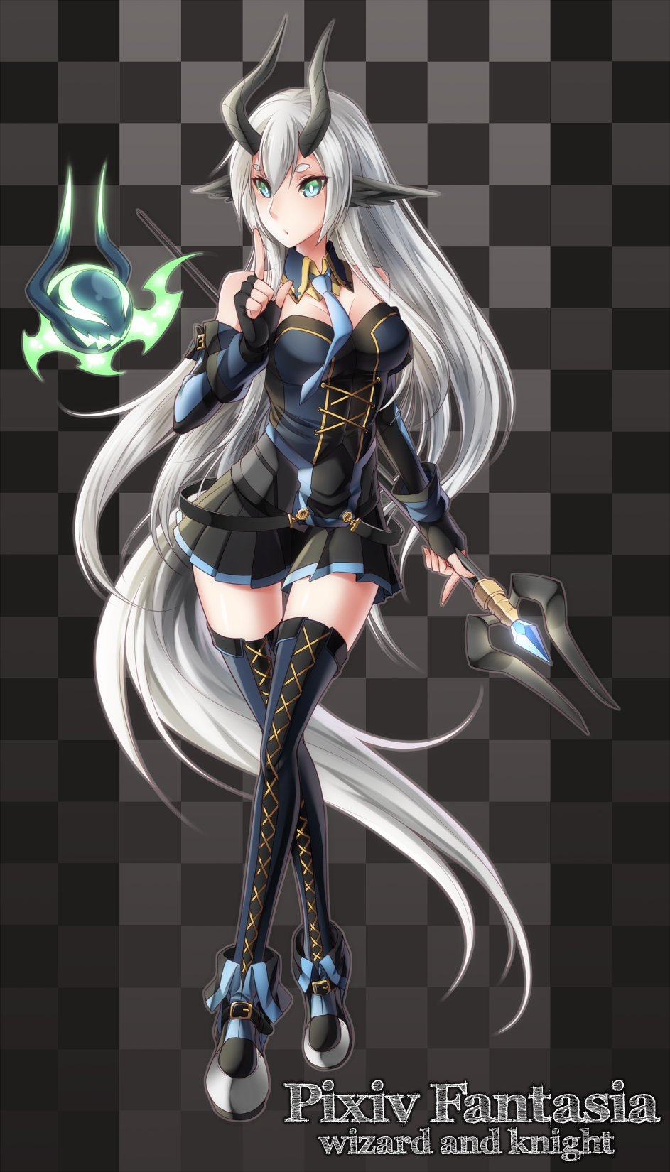 bad_id bad_pixiv_id belt breasts cleavage corset creature cross-laced_footwear crystal demon_girl detached_collar detached_sleeves familiar fingerless_gloves fire gloves green_eyes high_heels highres horns large_breasts long_hair long_legs mage miniskirt necktie pixiv_fantasia pixiv_fantasia_wizard_and_knight plaid pointy_ears sigm@ silver_hair skirt staff tail thighhighs very_long_hair