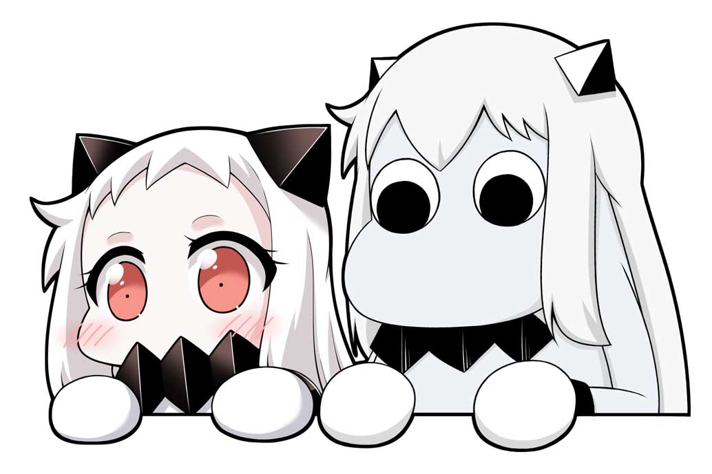 1girl black_eyes blush collaboration commentary covered_mouth horns kantai_collection long_hair looking_at_viewer mittens muppo northern_ocean_hime peeking_out red_eyes sazanami_konami shinkaisei-kan simple_background white_background white_hair white_skin yamato_nadeshiko