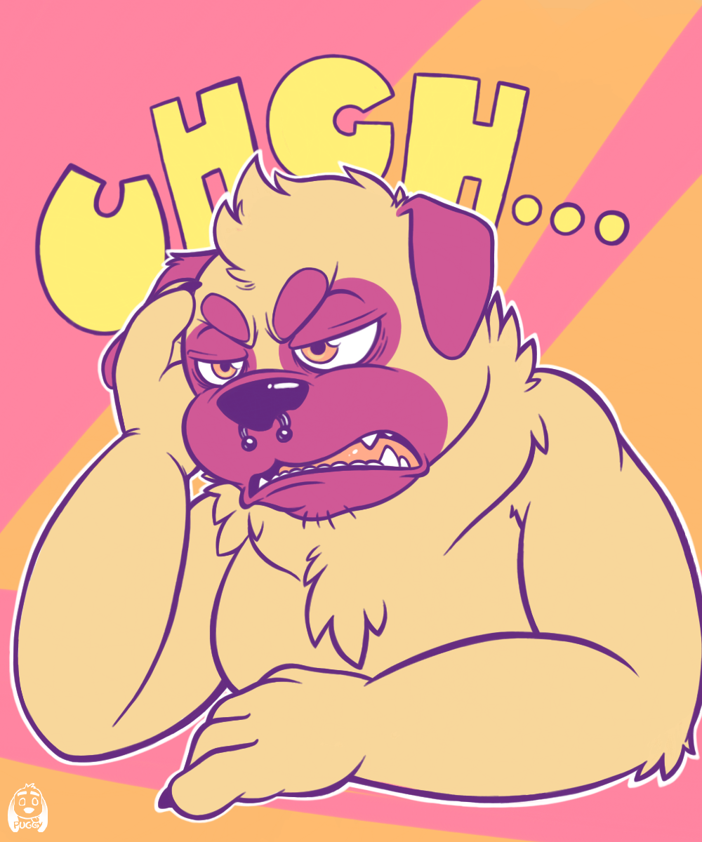 annoyed anthro arm_support canine clothed clothing dog flat_colors frown grumpy half-closed_eyes leaning_on_elbow male mammal nose_rings open_mouth pug puggy puggy_(character) sharp_teeth signature solo teeth topless ugh