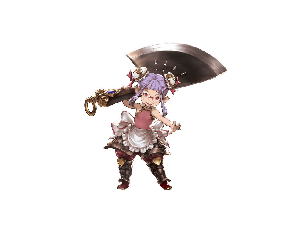 apron axe boots double_bun elmelaura full_body glasses granblue_fantasy harvin minaba_hideo official_art open_mouth pink_eyes pointy_ears purple_hair solo transparent_background weapon