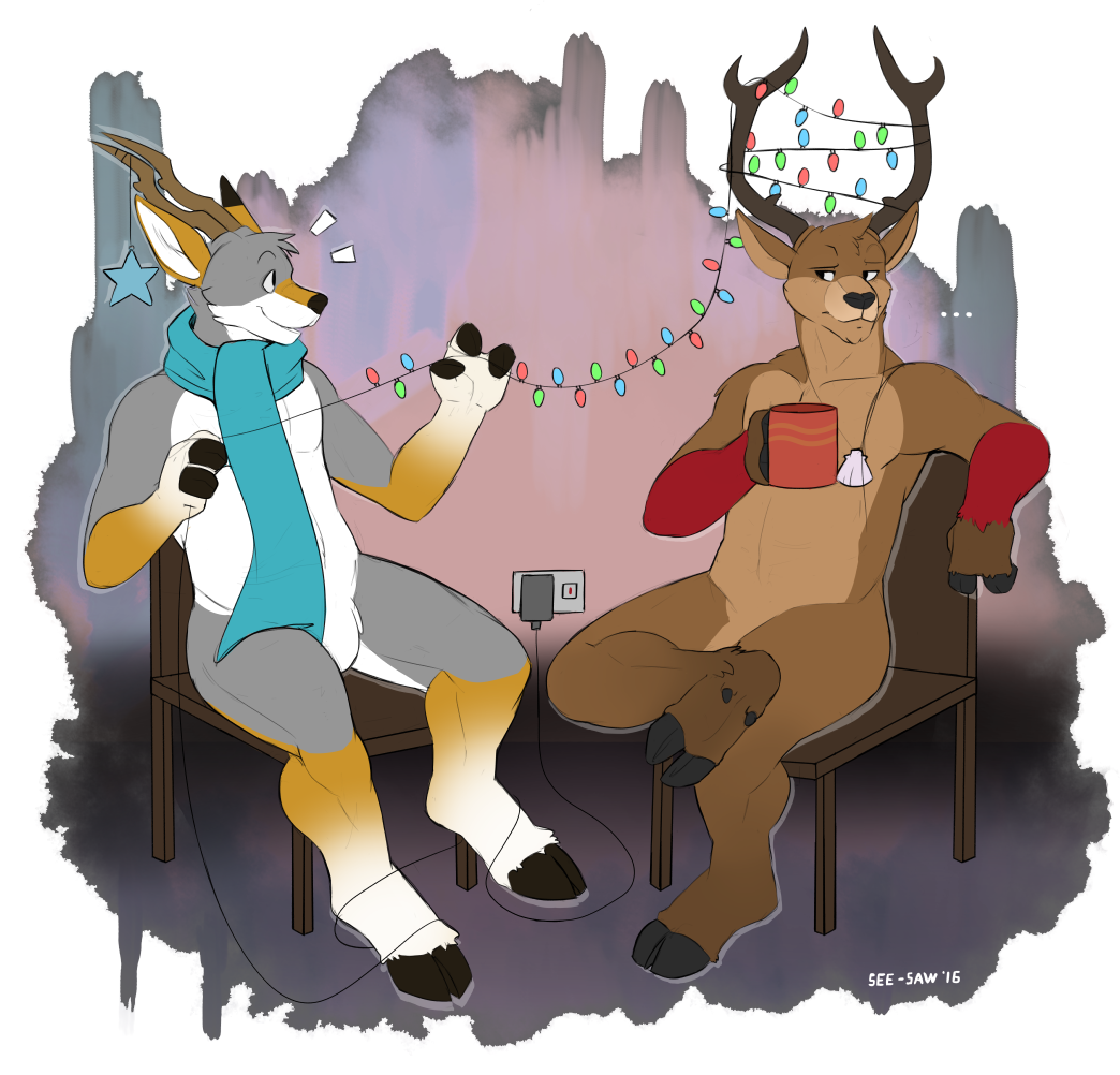 ... 2016 3_fingers alternate_species anthro antlers biped black_eyes black_hooves black_nose brown_countershading brown_fur brown_horn casual_nudity cervine chair christmas_lights cloven_hooves countershade_face countershade_torso countershading cup deer digital_media_(artwork) duo eyebrows falloutcoyote featureless_crotch front_view fur grey_fur grey_hooves head_tuft holding_cup holding_object hooved_fingers hooves horn jazzotter jewelry male mammal mostly_nude multicolored_fur naturally_censored necklace nude outlet pendant red_fur scarf see-saw signature sitting snout star white_countershading white_fur