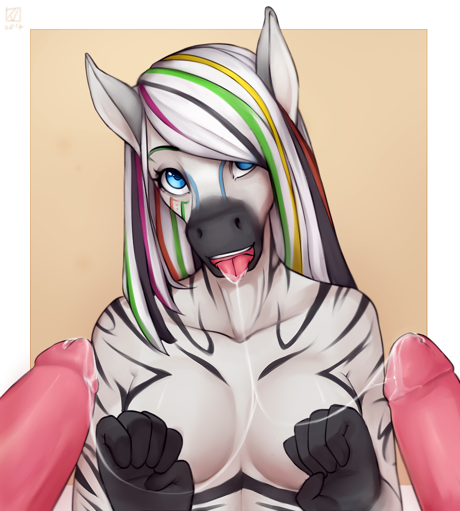 2016 anthro black_fur black_hair blue_eyes border breasts drooling equine female fur group hair humanoid_penis mammal multicolored_hair open_mouth penis rainbow_hair saliva signature smile solo_focus stripes teeth tongue tongue_out white_border white_fur white_hair winterblack zebra
