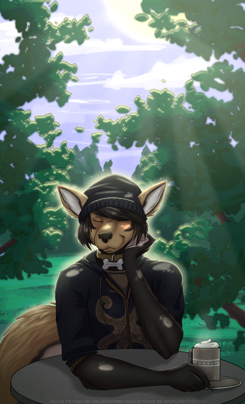 anthro beanie canine clothed clothing collar eyes_closed hat hot_chocolate male mammal outside pocketcookie sitting smile solo