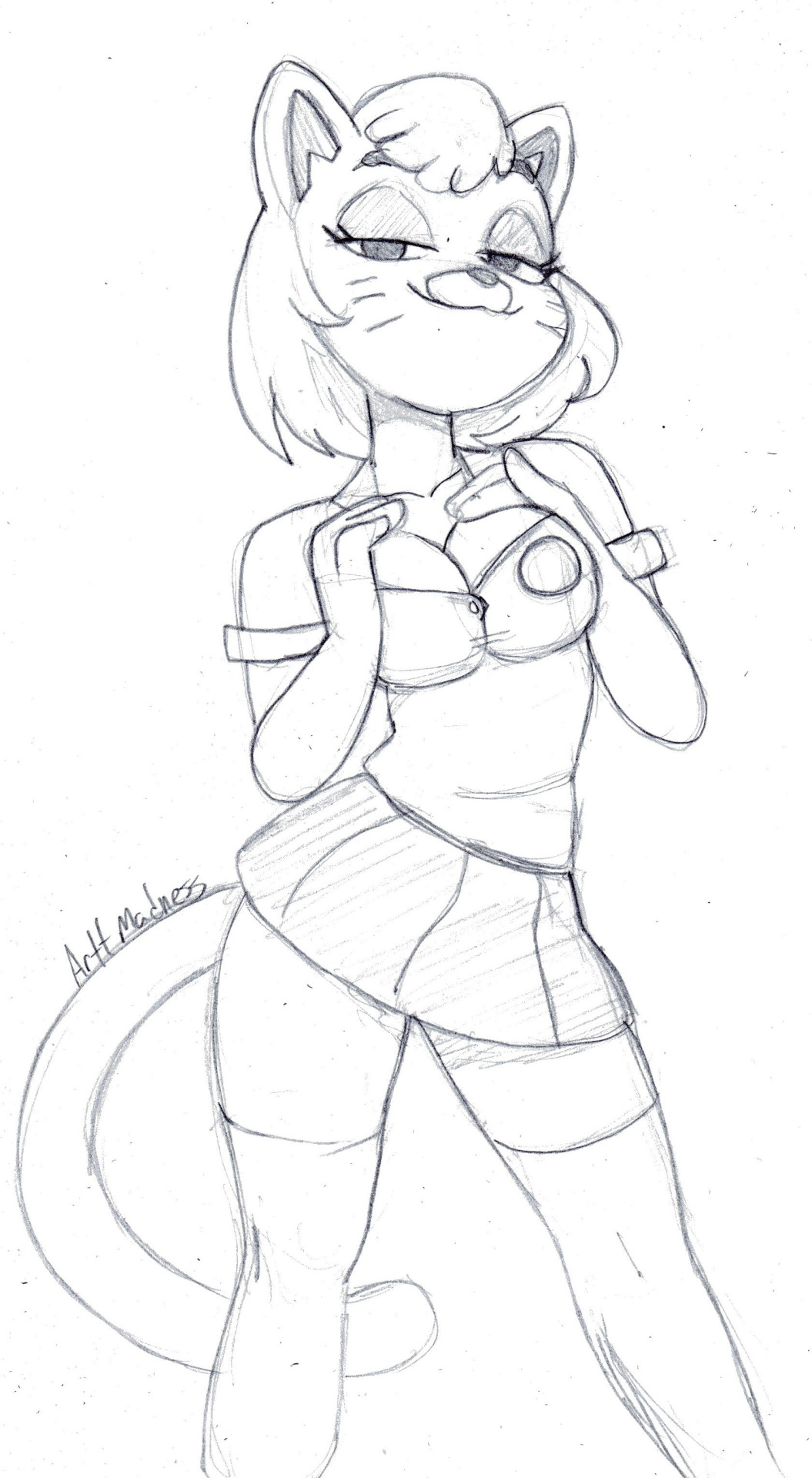 anthro arttmadness breasts cartoon_network cat cleavage clothed clothing feline female fur hair half-closed_eyes legwear looking_at_viewer mammal mature_female mother nicole_watterson parent short_hair sketch skirt smile smug solo teasing the_amazing_world_of_gumball thigh_highs whiskers