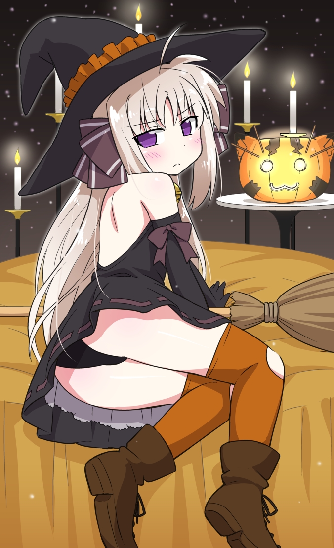 ahoge bare_shoulders black_dress black_panties blush boots broom brown_footwear candle candlelight dress frown hat huracan_(vivid_strike!) jack-o'-lantern lyrical_nanoha orange_legwear panties rainbowcard rinne_berlinetta solo table underwear vivid_strike! witch_hat