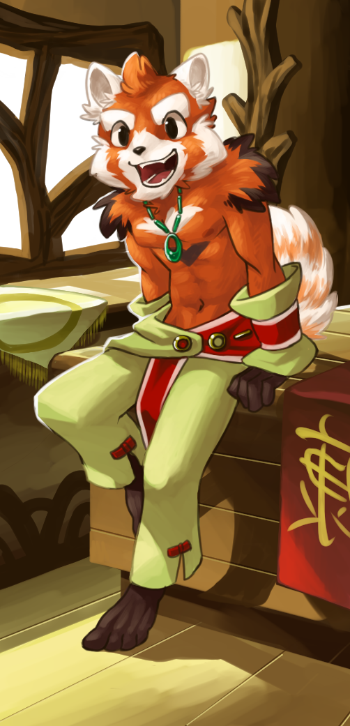 anthro barefoot chirenbo clothed clothing excited front_view inside leaning leaning_forward mammal mao_(chirenbo) navel nipples open_mouth pendant red_panda sitting slim smile topless