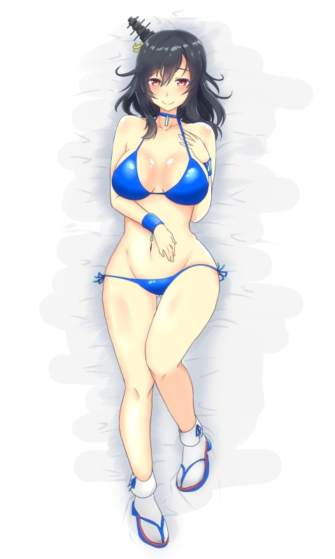 bare_shoulders bikini black_hair blue_bikini blush bracelet breasts breasts_apart cleavage dakimakura full_body hair_ornament i_b_b_e jewelry kantai_collection large_breasts looking_at_viewer lying navel on_back red_eyes short_hair side-tie_bikini smile solo swimsuit yamashiro_(kantai_collection)