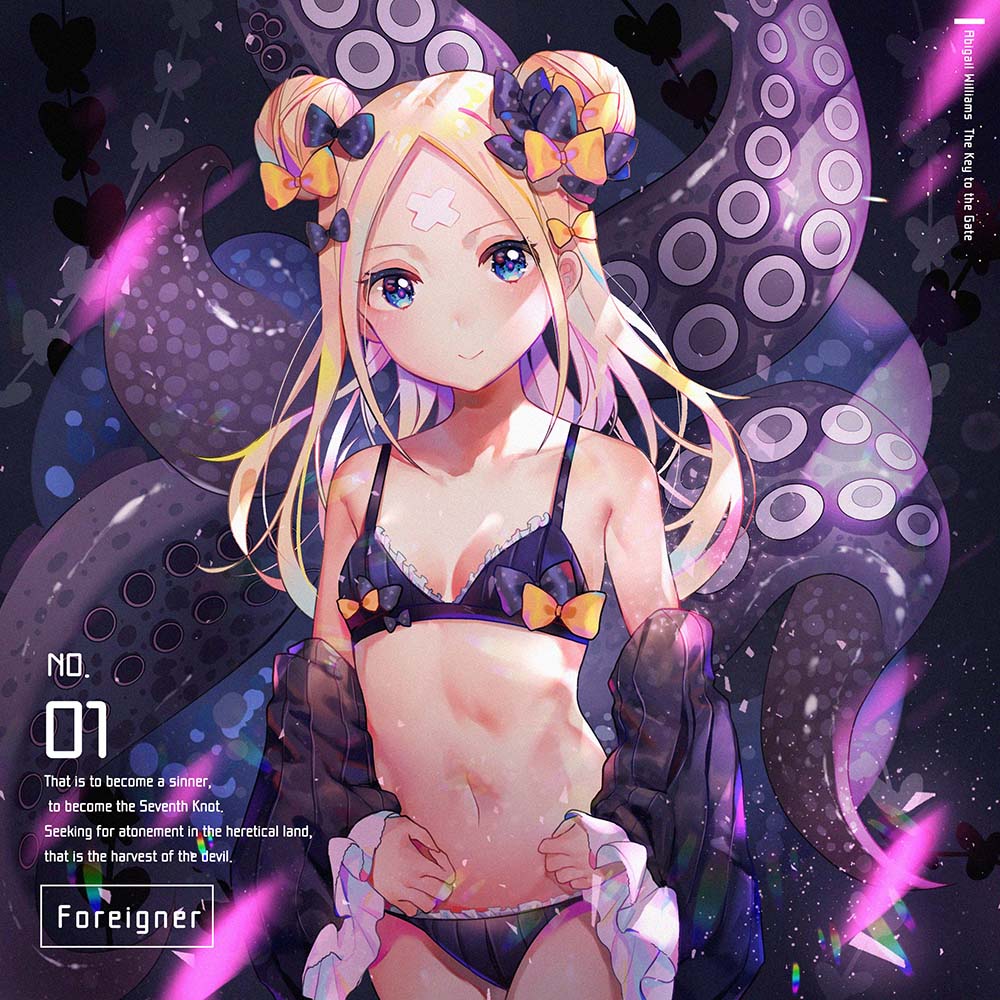 1girl abigail_williams_(fate/grand_order) bare_shoulders bikini black_bikini black_bow black_dress blonde_hair bow breasts character_name closed_mouth collarbone commentary_request double_bun dress english fate/grand_order fate_(series) frilled_bikini frills hair_bun head_tilt long_hair long_sleeves mao_ge navel off_shoulder orange_bow polka_dot polka_dot_bow side_bun sleeves_past_wrists small_breasts smile solo suction_cups swimsuit tentacle