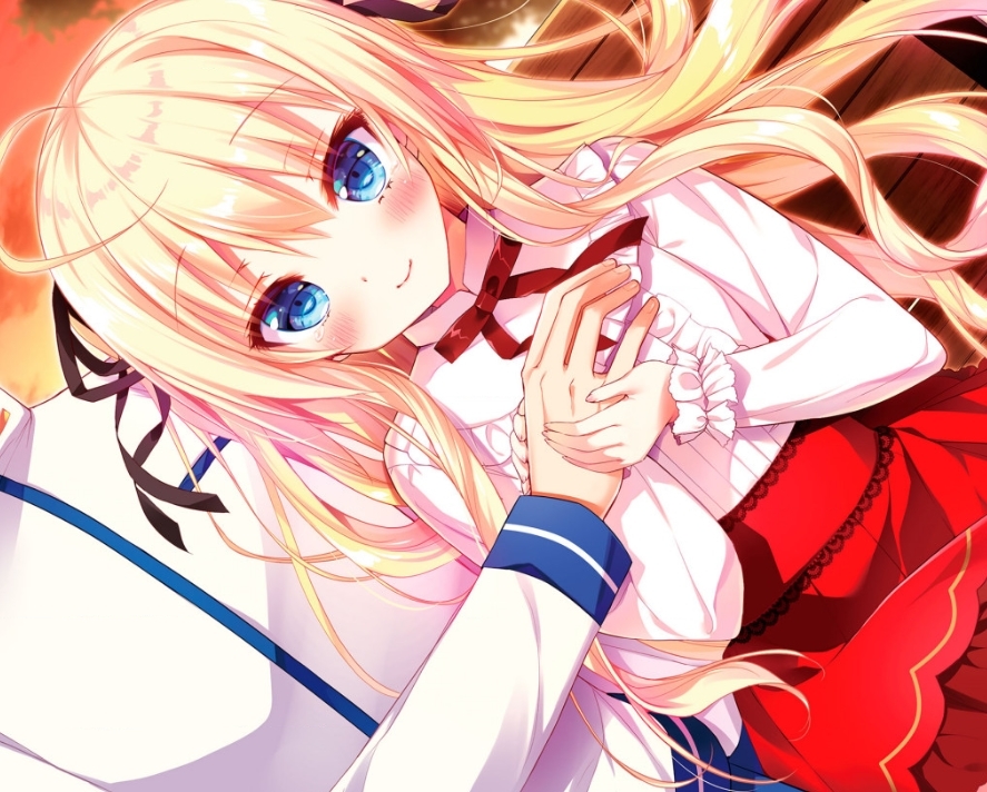1girl bangs bench black_ribbon blonde_hair blue_eyes blush bow character_request commentary_request cropped dutch_angle eyebrows_visible_through_hair fingernails hair_between_eyes hair_ribbon head_tilt high-waist_skirt holding_hand long_sleeves misono_hime novel_illustration official_art on_bench out_of_frame park_bench red_bow red_skirt ribbon shirt shiwasu_horio sitting sitting_on_bench skirt solo_focus soredemo_boku_wa_mob_chara_ga_suki white_shirt