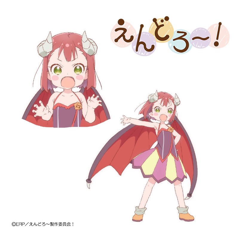 1girl :o armpits bare_shoulders blush_stickers brown_footwear character_sheet collarbone commentary_request company_name demon_girl demon_horns demon_wings endro! fangs flat_chest flower green_eyes grey_legwear hand_on_hip horns iizuka_haruko legs_apart logo looking_at_viewer mao_(endro!) miniskirt multicolored multicolored_clothes multicolored_shirt multicolored_skirt official_art open_mouth orange_flower pink_skirt pointy_ears print_shirt purple_shirt purple_skirt red_hair red_shirt shiny shiny_hair shirt shoes short_hair simple_background skirt sleeveless sleeveless_shirt socks spaghetti_strap standing tongue v-shaped_eyebrows watermark white_background wings yellow_skirt