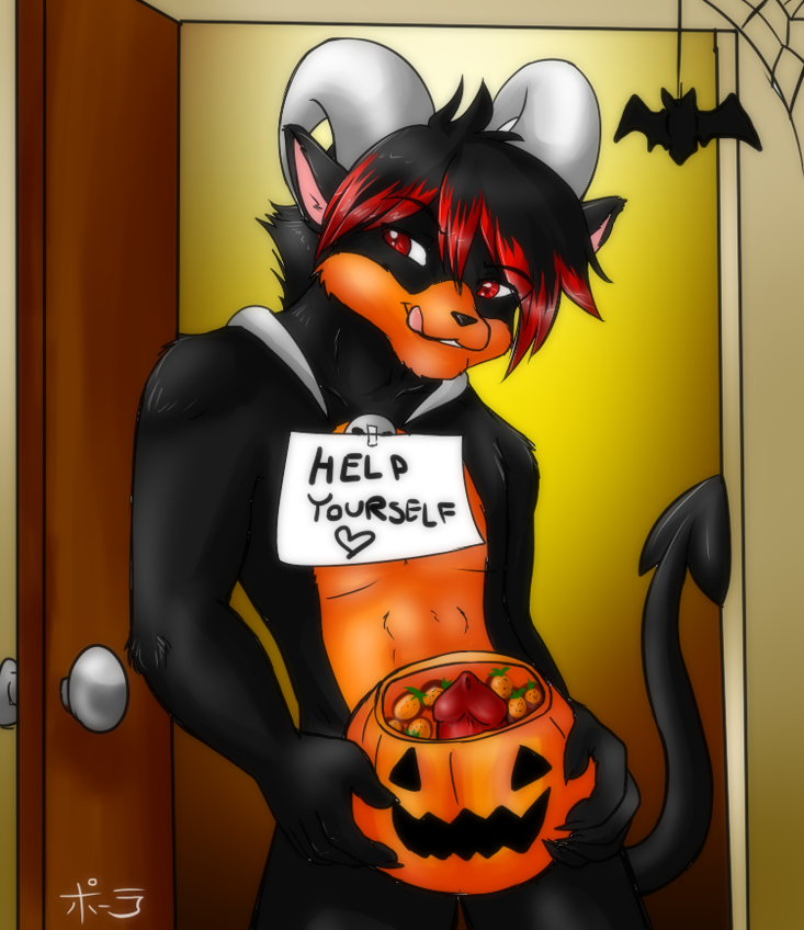 &lt;3 anthro balddumborat bat candy canine dog english_text halloween holidays horn houndoom jack_o'_lantern male mammal nintendo penis pok&#233;mon pokemon pumpkin red_eyes sign solo text tongue video_games web