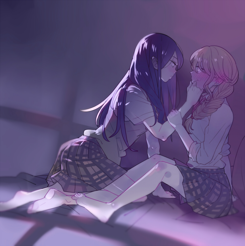 aihara_mei aihara_yuzu barefoot black_hair blonde_hair blush braid citrus_(saburouta) couple earrings eye_contact face-to-face hand_on_another's_cheek hand_on_another's_face imminent_kiss incest jewelry long_hair looking_at_another luo. multiple_girls no_shoes school_uniform siblings sisters sitting skirt smile yuri