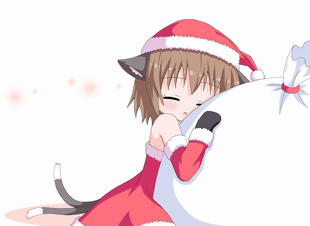 alternate_costume alternate_headwear animal_ears arm_warmers bag bare_shoulders black_gloves brown_hair cat_ears cat_tail chen christmas commentary_request dress fur_trim gloves hat kagerou_(kers) leaning_on_object multiple_tails red_dress santa_hat short_hair simple_background sleeping solo strapless strapless_dress tail touhou white_background