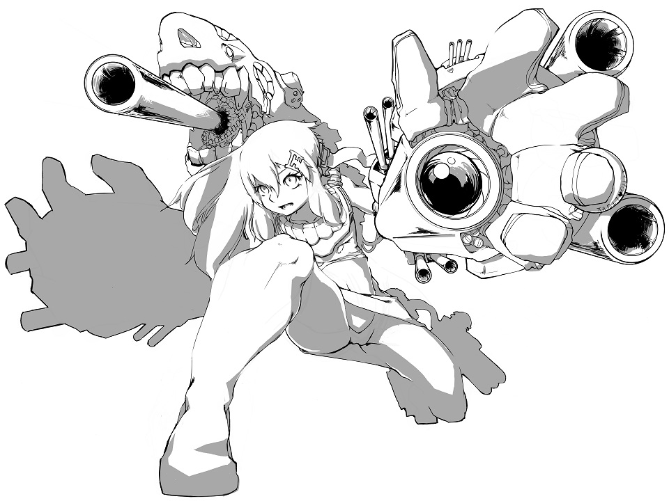 aiming_at_viewer boots cannon collar covered_eyes foreshortening giant_hand greyscale hair_between_eyes hair_ornament hairclip helmet helmet_over_eyes kantai_collection kneeling long_hair looking_away lpmarz mechanical_arm monochrome navel no_headwear no_helmet panties pantyshot pantyshot_(kneeling) pantyshot_(one_knee) shinkaisei-kan sidelocks skirt solo teeth tsu-class_light_cruiser underwear