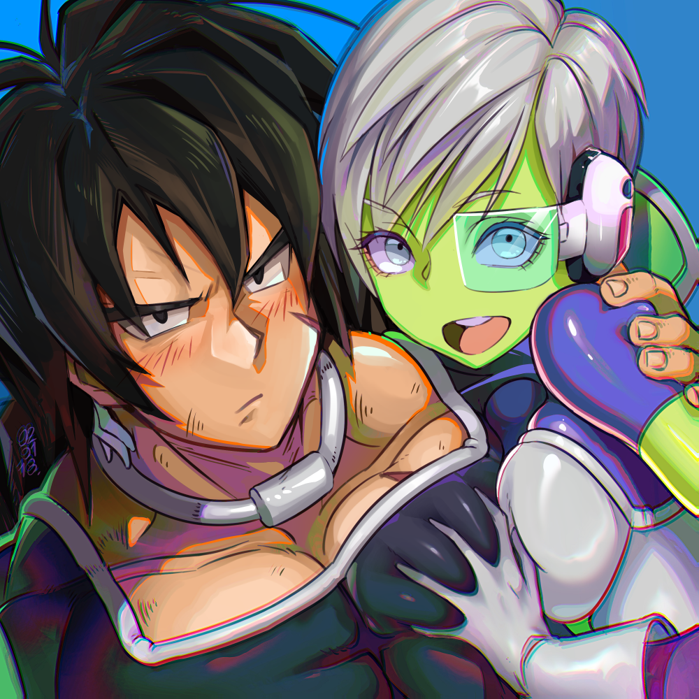 1boy 1girl black_eyes black_hair blue_eyes blush breast_press breasts broly broly_(dragon_ball_super) cheelai dragon_ball dragon_ball_super dragon_ball_super_broly grabbing green_skin hand_on_another's_chest hand_on_another's_shoulder happy looking_at_viewer rangsiwut_sangwatsharakul short_hair smile white_hair