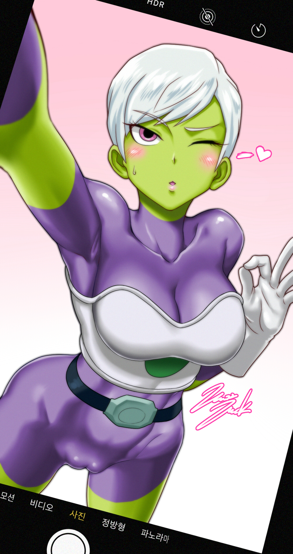 1girl ;o armpits bodysuit breasts cameltoe cheelai collarbone dragon_ball dragon_ball_super green_skin heart highres jazzjack looking_at_viewer one_eye_closed open_mouth outstretched_arm phone phone_screen purple_eyes self_shot skin_tight solo standing text_focus white_hair