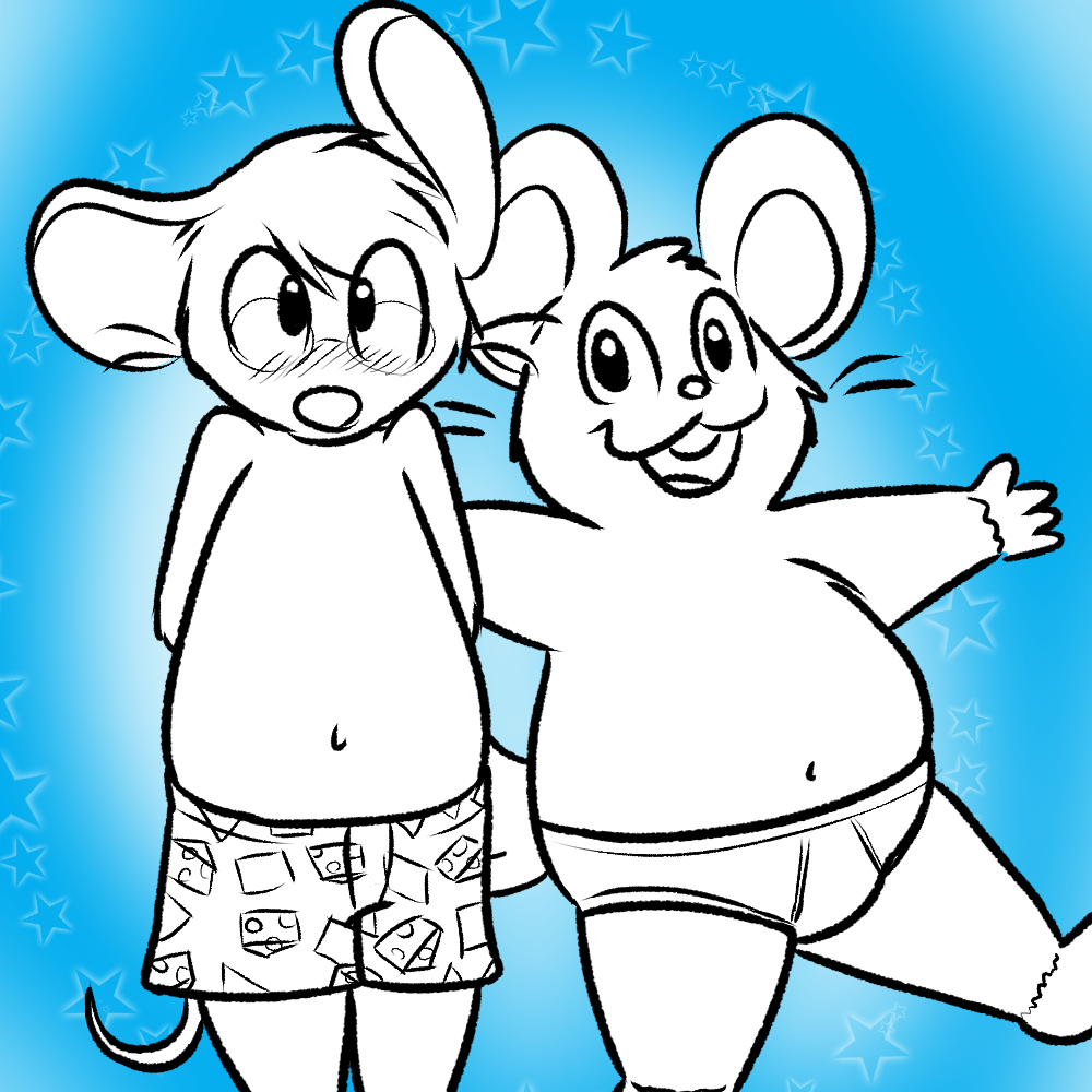 anthro blue_background blush clothed clothing duo embarrassed eyewear glasses hamster looking_at_viewer male mammal monochrome mouse navel nishi oxynard rex(mouse) rodent simple_background slightly_chubby smile topless underwear whiskers