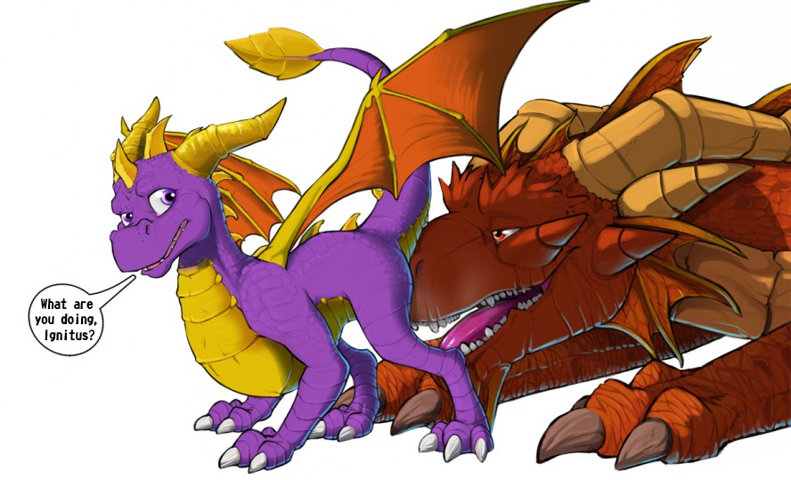 age_difference butt_sniffing cropped_image dragon duo feral horn ignitus looking_back male male/male membranous_wings narse quadruped raised_tail scalie size_difference speech_bubble spread_wings spyro spyro_the_dragon tongue tongue_out video_games wings