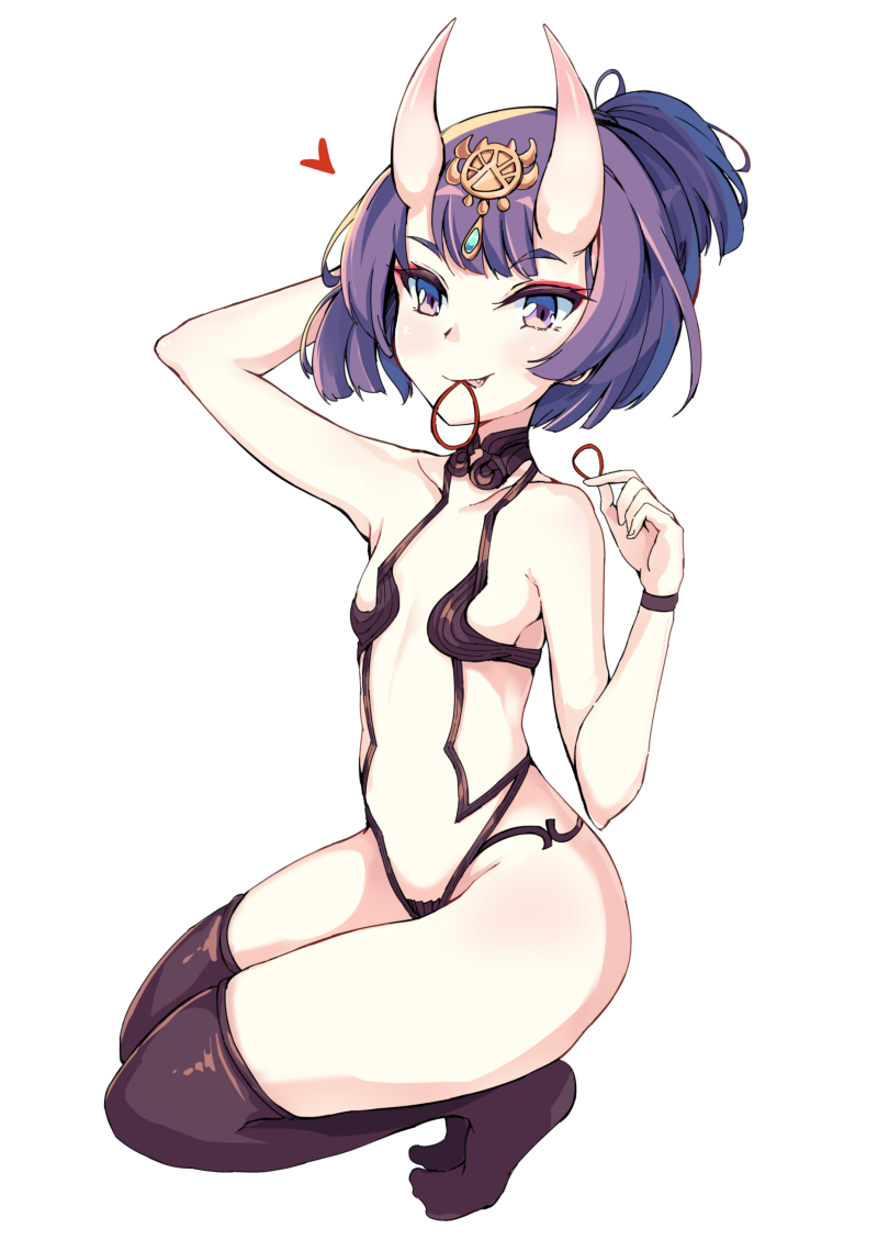 1girl arm_up bangs bare_shoulders blush breasts brown_legwear collarbone eyebrows_visible_through_hair fang fate/grand_order fate_(series) fingernails full_body hair_tie hair_tie_in_mouth hand_behind_head headpiece heart high_ponytail horns looking_at_viewer mouth_hold nakatokung no_shoes oni oni_horns parted_lips ponytail purple_eyes purple_hair revealing_clothes shuten_douji_(fate/grand_order) simple_background small_breasts solo squatting thighhighs white_background