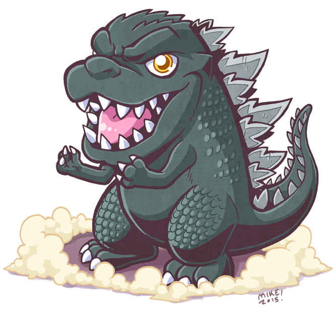 3_fingers 3_toes alpha_channel barefoot chibi claws dust godzilla godzilla_(series) mikeluckas nude open_mouth scales sharp_teeth simple_background solo spikes standing teeth toes tongue toony transparent_background yellow_eyes