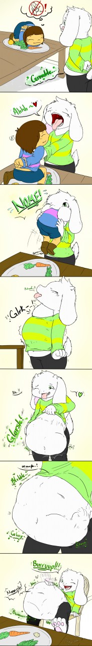 ! &lt;3 ? abdominal_bulge ambiguous_gender asriel_dreemurr big_cheeks blush bound_hands brown_hair carrot claws clothing digestion english_text eyes_closed fangs fist food fur grabbing green_eyes hair half-closed_eyes imminent_vore kneeling licking licking_lips male mouth_shot neck_bulge nom one_eye_closed oral_vore pants patting_belly pingthehungryfox plate post_vore protagonist_(undertale) raised_eyebrows saliva standing stomach_noises striped_shirt struggling swallowing sweat table teeth text thought_bubble tongue tongue_out undertale vegetable video_games vore white_fur wink x
