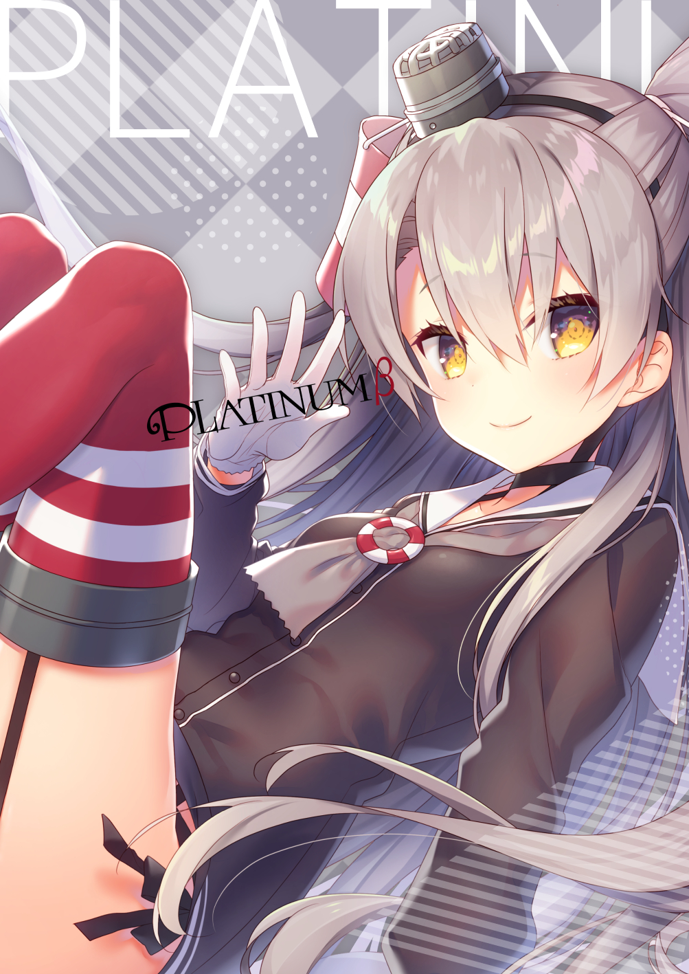 1girl amatsukaze_(kantai_collection) black_panties brown_dress brown_eyes commentary_request cover cover_page doujin_cover dress garter_straps gloves hair_tubes hat highres kantai_collection long_hair looking_at_viewer mini_hat panties red_legwear sailor_dress short_dress side-tie_panties silver_hair single_glove smile solo striped striped_legwear tahya thighhighs two_side_up underwear white_gloves windsock