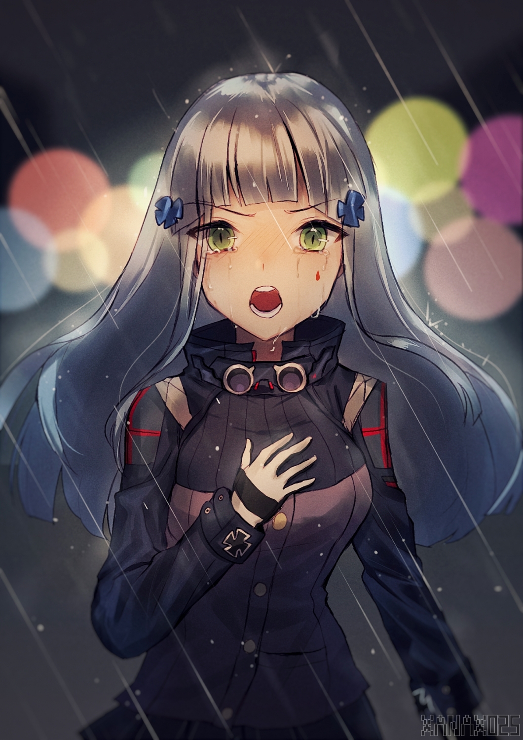 1girl artist_name crying crying_with_eyes_open facial_mark girls_frontline gloves green_eyes hair_ornament hand_on_own_chest highres hk416_(girls_frontline) iron_cross long_hair looking_at_viewer open_mouth rain silver_hair solo tears upper_body xanax025