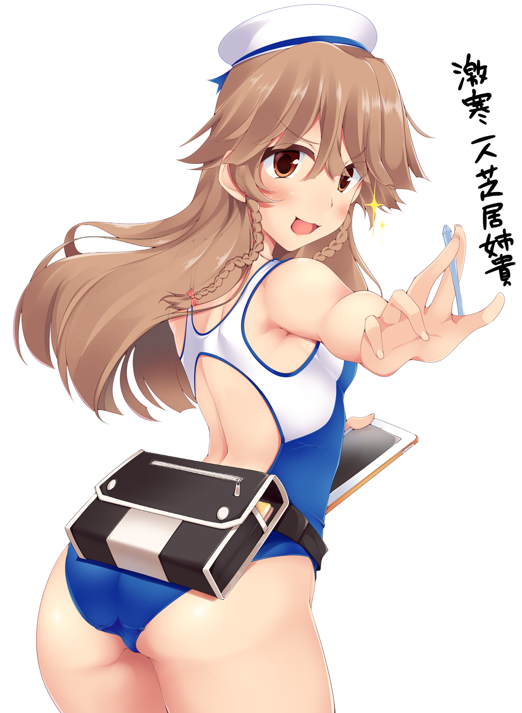 ass bag braid brown_eyes brown_hair competition_swimsuit from_behind hat high_school_fleet highres long_hair looking_at_viewer nksk nosa_kouko one-piece_swimsuit sailor_hat solo sparkle stylus swimsuit tablet_pc translation_request twin_braids